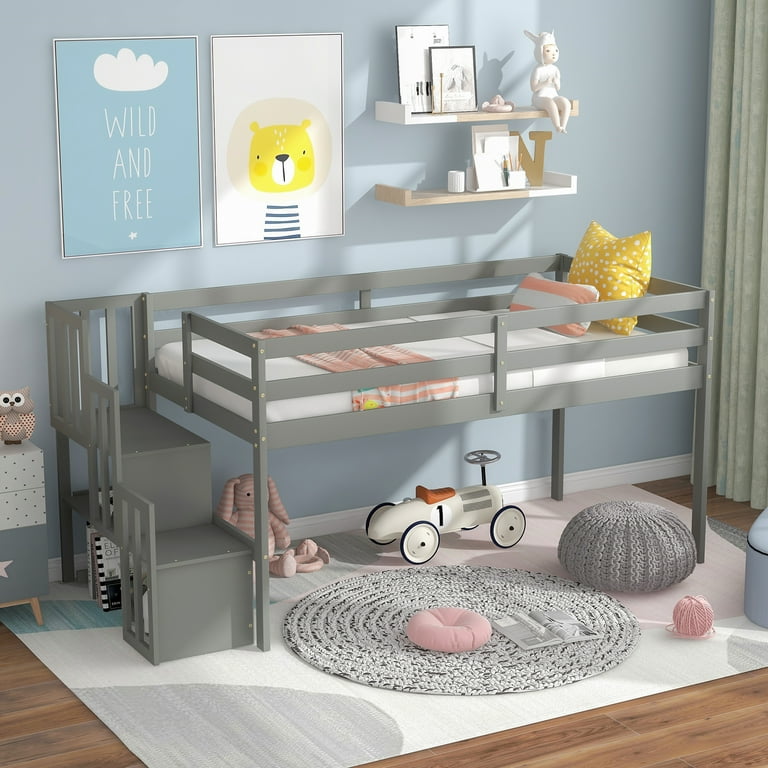 Kids Low Loft Bed with Storage Twin Loft Bed Frame with Stairs