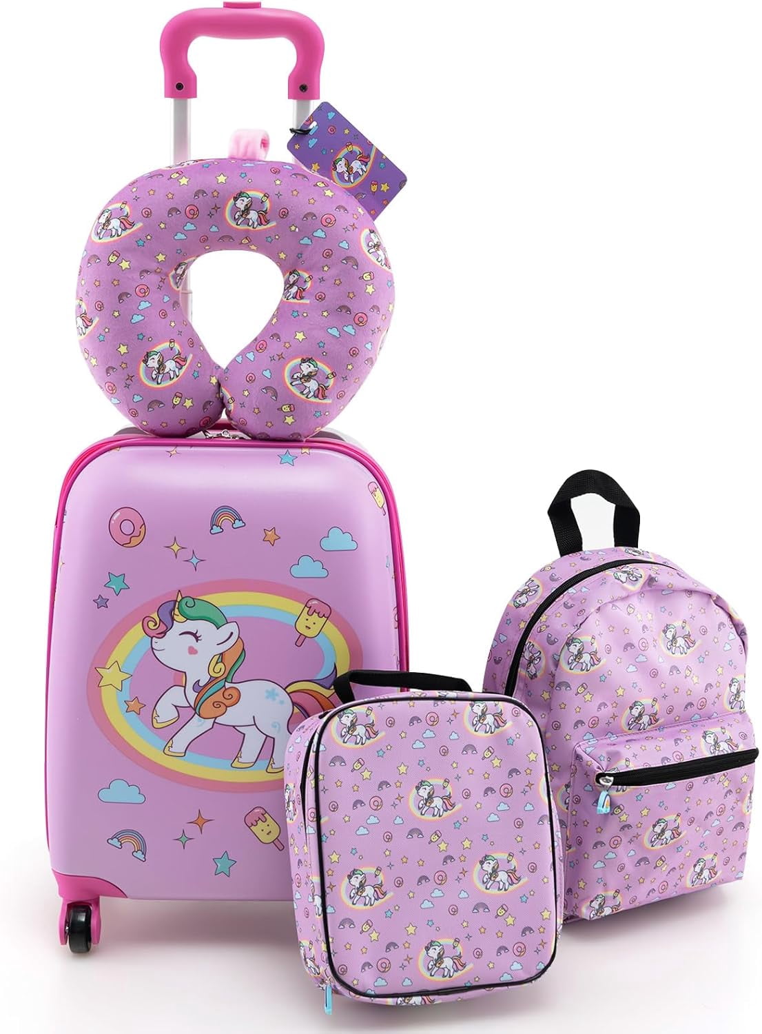 Kids Luggage Set, 16 Inch Owl Toddler Luggage, Lunch Bag, Neck Pillow, Luggage Tag, Airplane Approved, 5 Piece Spinner Travel Luggage for Boys Girls (Unicorn)