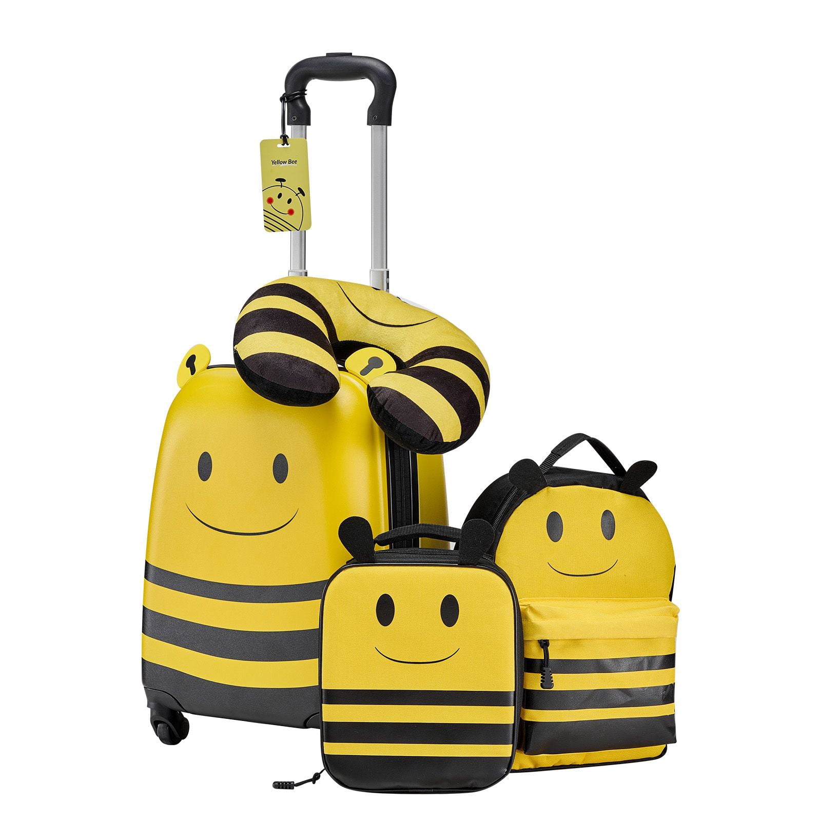 Kids Luggage Set, 5 Piece, 18 Inch Hardside Rolling Wheels Suitcase with Backpack & U-shape Pillow, Bee Kids Carry on Luggage Set, Holiday Birthday Gift for Girls Boys, Airline Approved
