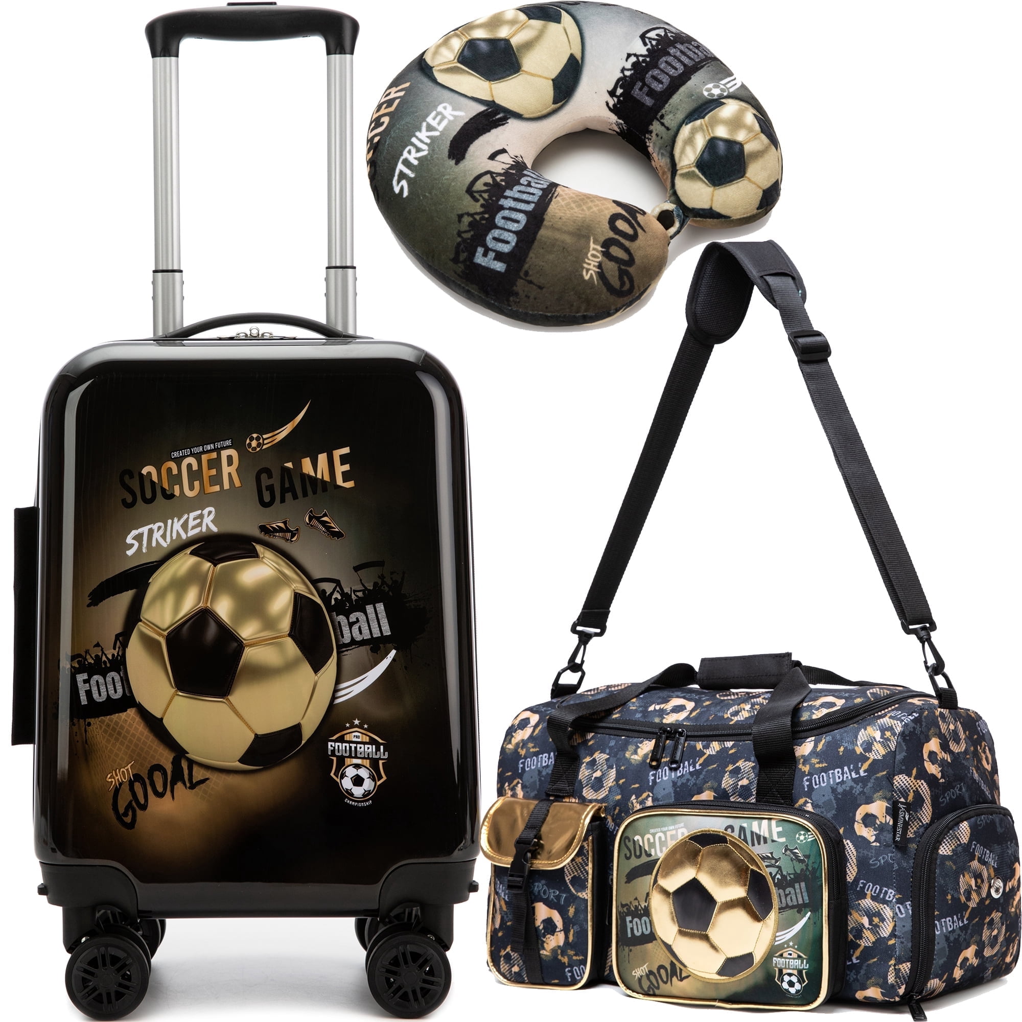 Kids Luggage Sets 3 Piece Small Suitcases with Wheels for Boys Rolling Suitcase with Travel Pillow Duffle Bag Soccer