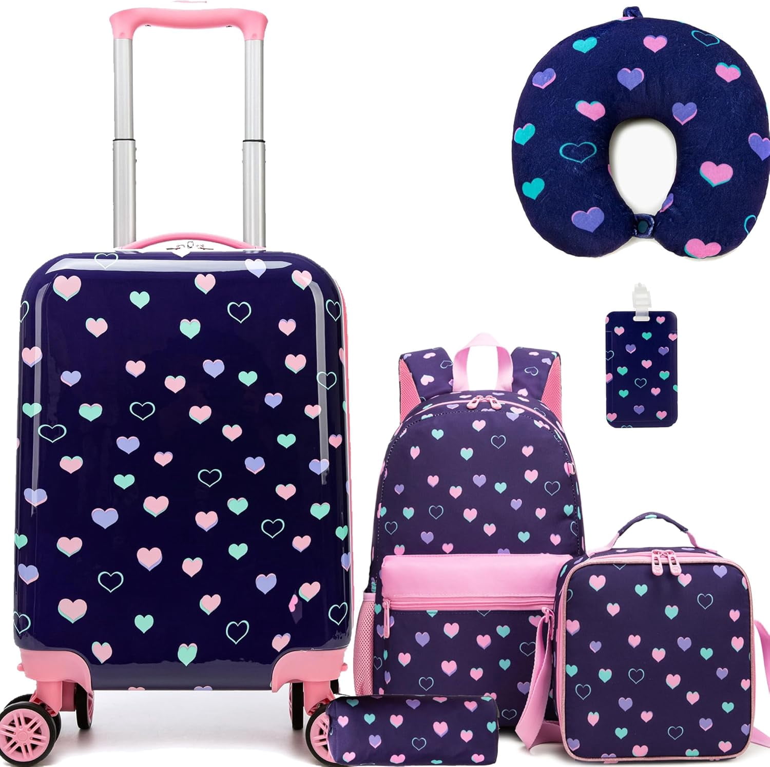 Kids Luggage Sets 5 Piece Suitcases with Wheels for Girls Women Hardshell Suitcase Set with Travel Pillow for Airplane Travel Essential