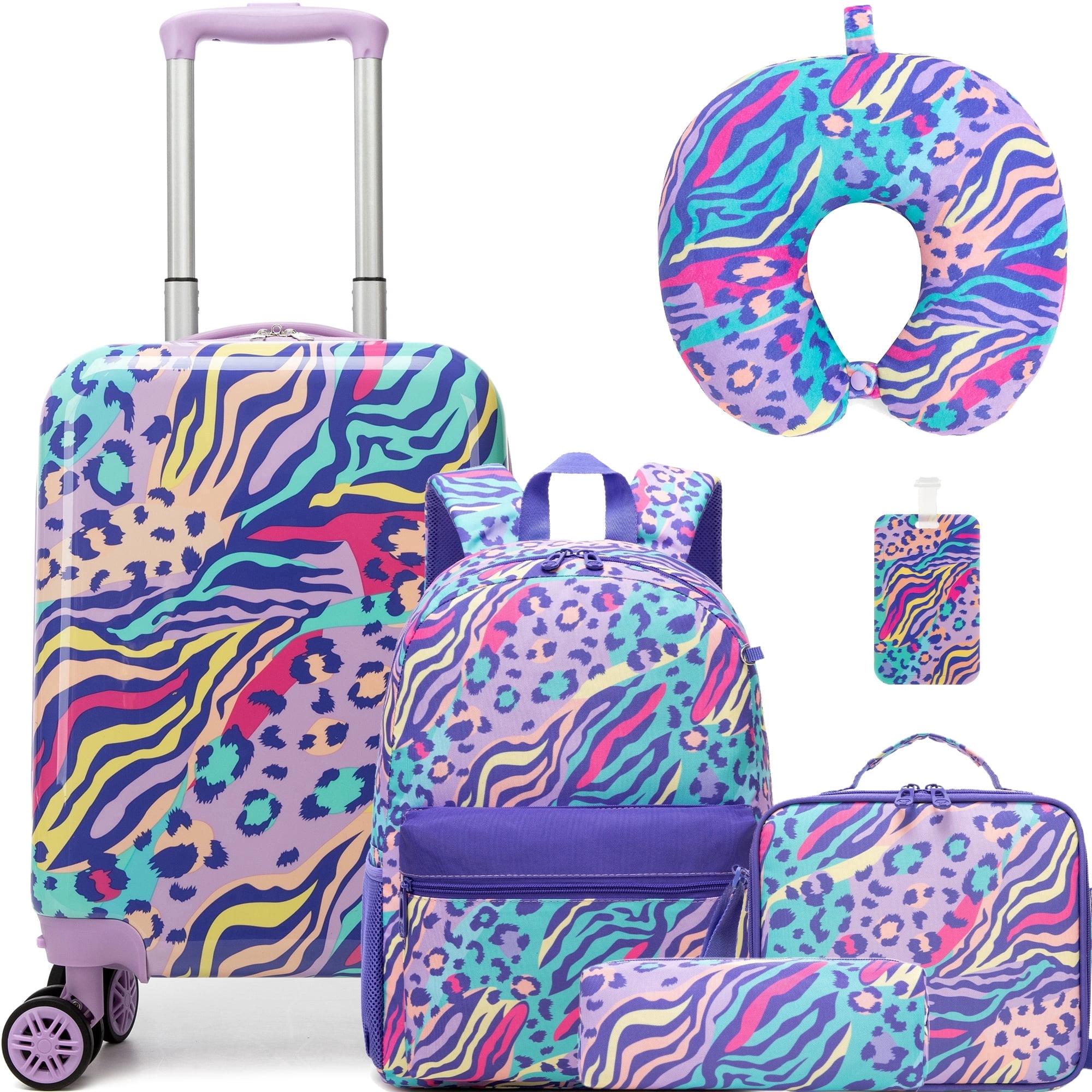 Kids Luggage Sets 5 Piece Toddler Suitcases with Wheels for Girls Women 16 inches Hardshell Suitcase Set with Travel Pillow for Airplane Travel Essential