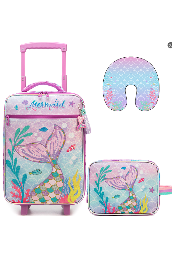 Kids Luggage Sets Small Suitcases with Wheels for boys 3 Piece Mermaid Toddler Travel Suitcase Set with Neck Pillow Portable Small Bag for Ages 6-12