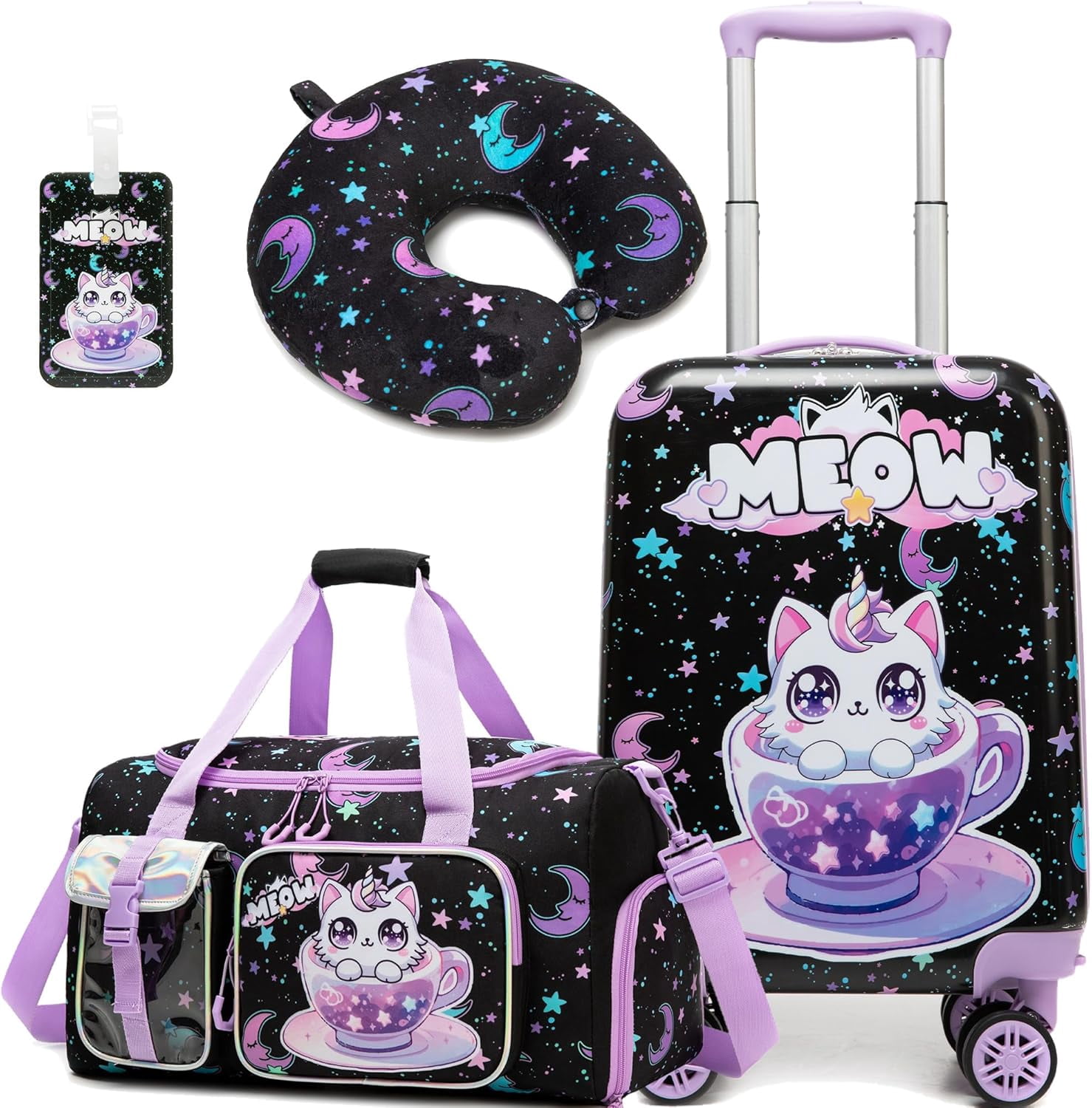 Kids Luggage Sets for Girls 3 Piece Rolling Suitcases with Wheels Hardshell with Duffle Bag for Travel Suitcase with Neck Pillow Airplane