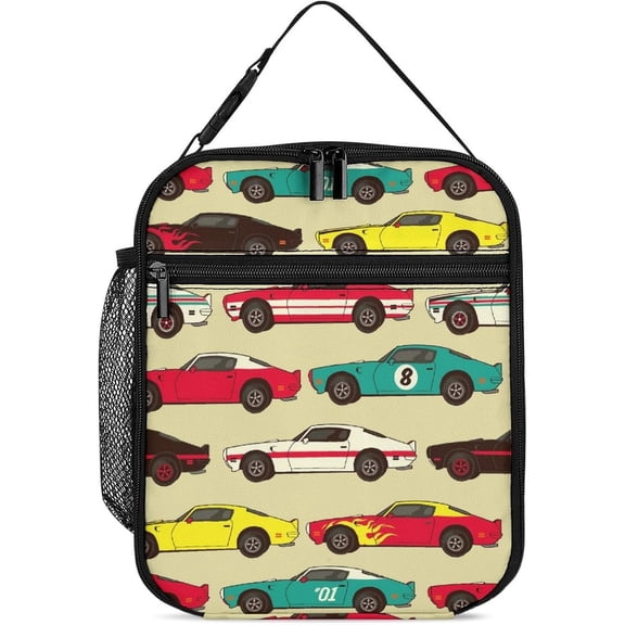 Kids Lunch Box for Boys Portable Insulated Lunch Bag Reusable Small Cooler Cartoon Colorful Race Car Lunchbox for Boy School Men Work Picnic Travel