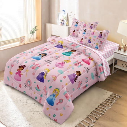 Kids Magical Princess Comforter Set Bed in a Bag Twin Size- 5 Piece Soft Cute Castle Bedding Set for Girls (1 Comforter, 1 Flat Sheet, 1 Fitted Sheet, 2 Pillowcases), Pink