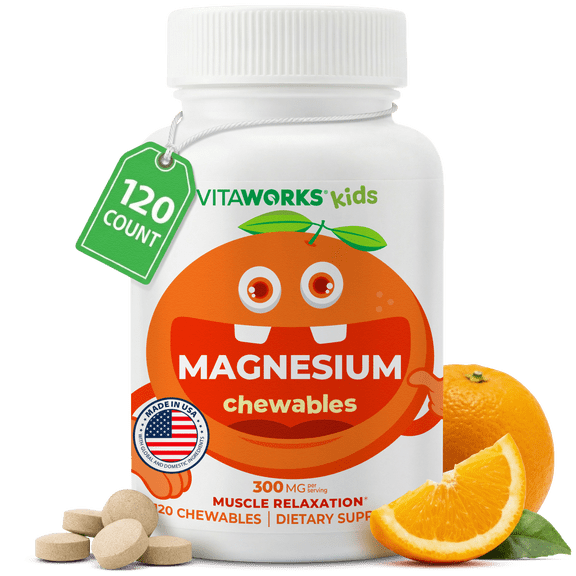 Kids Magnesium Chewable | Great Tasting | 300mg Magnesium Supplement | Vegan, non Gmo and Gluten Free Magnesium Oxide Supplement | For Muscle Function | 120 Chewables | Vitaworks