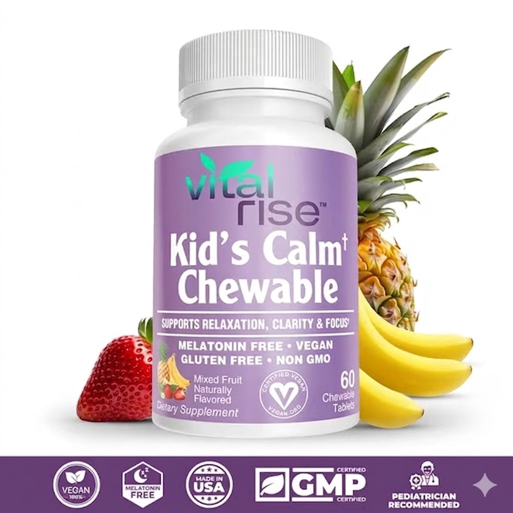 Kids Magnesium Chewable Tablets – Sugar-Free & Melatonin-Free Supplement for Calm, Focus & Healthy Stress Balance with Fast-Absorbing Magnesium + L-Theanine, Mixed Fruit Flavor (60 Count)
