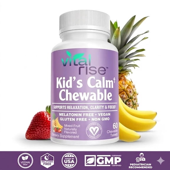 Kids Magnesium Chewable Tablets – Sugar-Free & Melatonin-Free Supplement for Calm, Focus & Healthy Stress Balance with Fast-Absorbing Magnesium + L-Theanine, Mixed Fruit Flavor (60 Count)