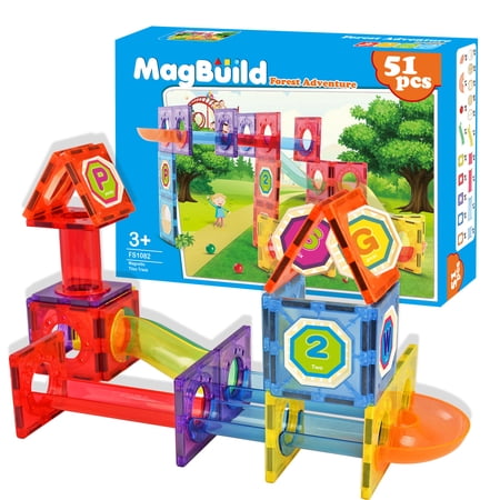 Kids Magnetic Building Blocks Tile Forest Adventure Set (51-Piece)