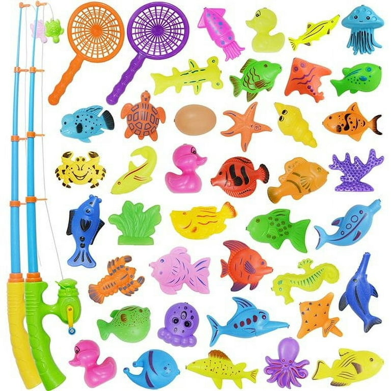 Kids Magnetic Fishing Pool Toys Game Water Table Bathtub Kiddie Toy with  Pole Rod Net Plastic Floating Fish Toddler Color Ocean Sea Animals