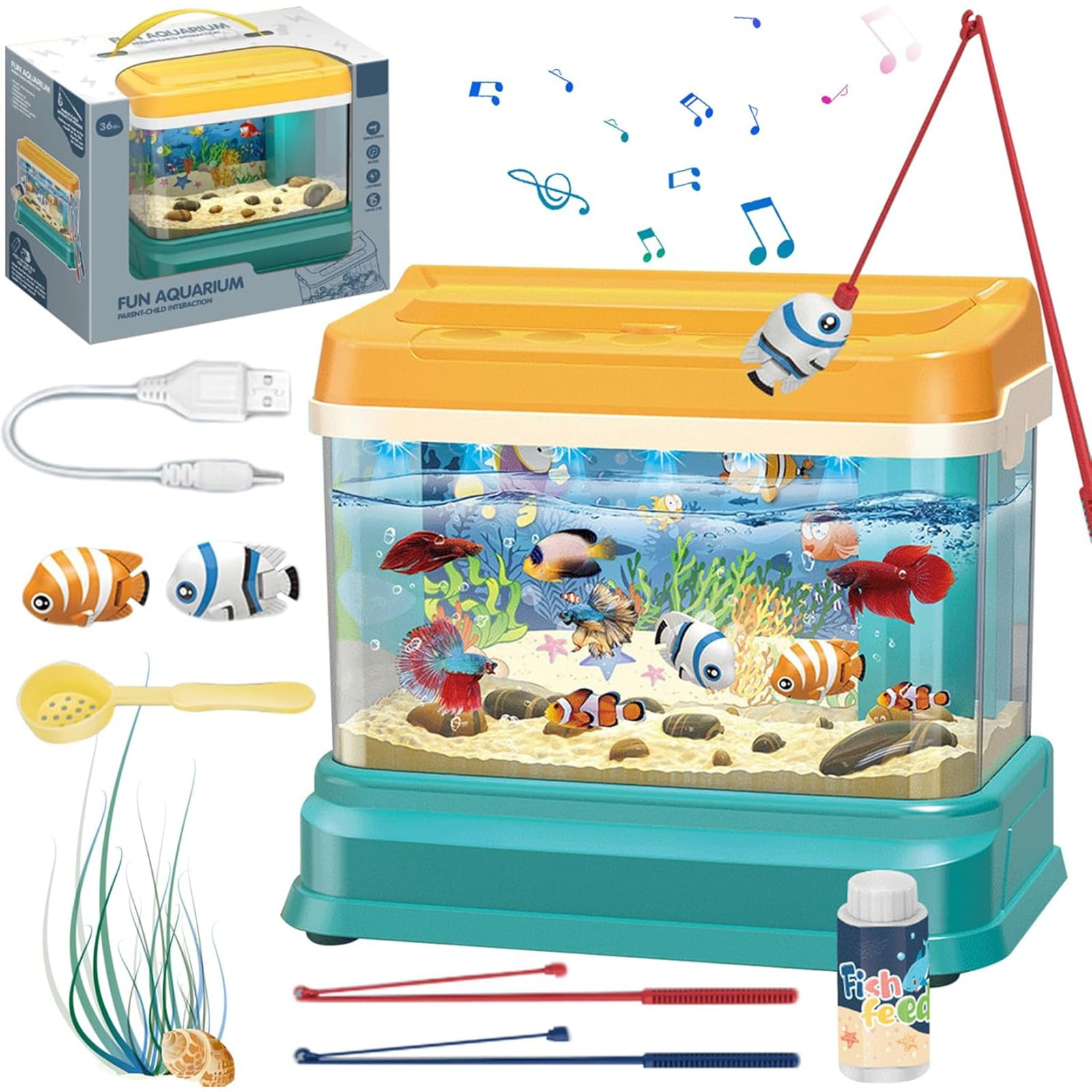 Magnetic Fishing Aquarium Toy - Light & Music Electric Tank with 2 Magnetic Fish for Toddlers, Pretend Play & Skill Building
