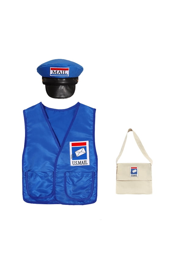 Kids Mail Carrier Pretend Play Accessory Set, Sleeveless Postal Vest Mailman Hat Crossbody Shoulder Bag, Career Day School Themed Activity Outfit Supplies