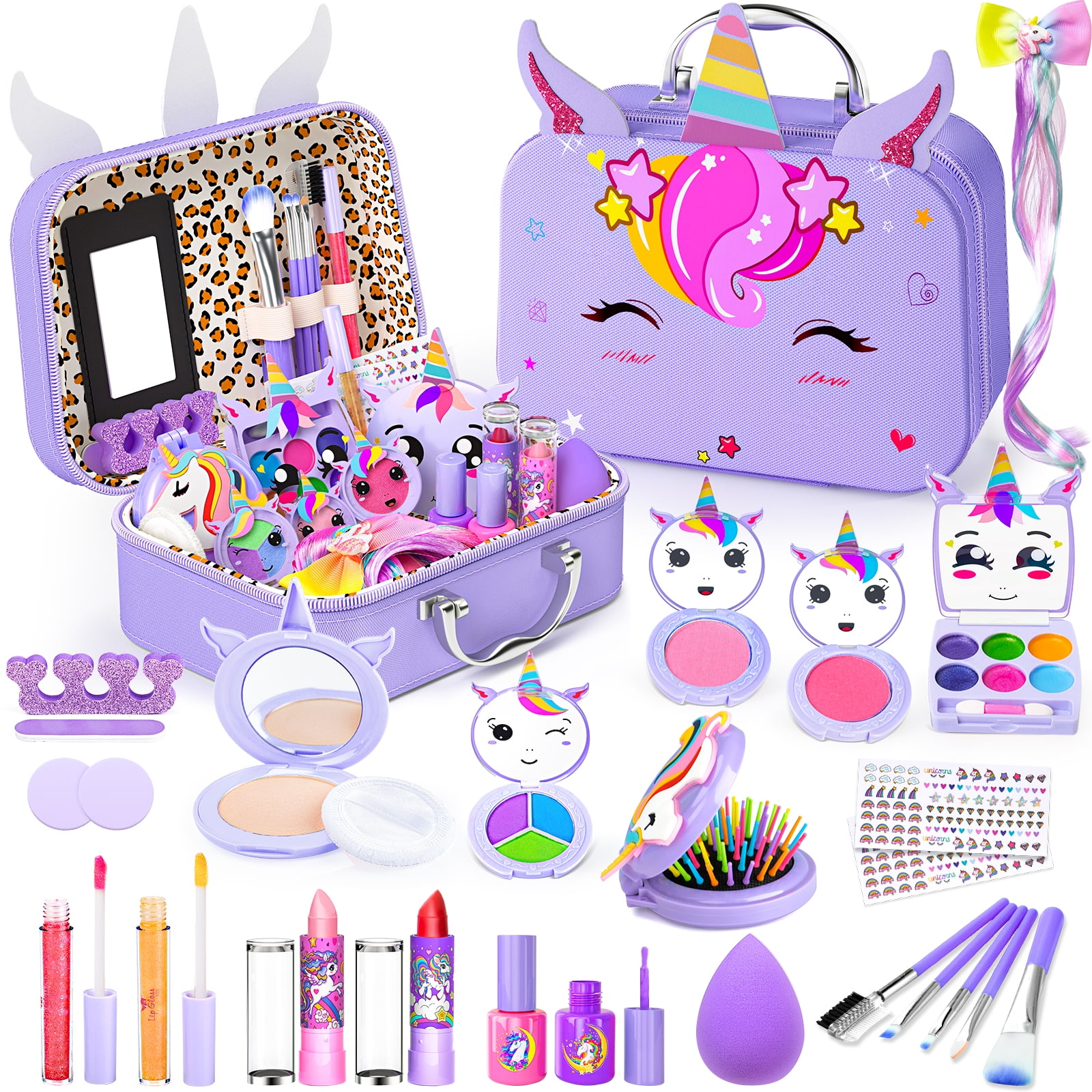 Kids Makeup Kit for Girl,2 In 1 Makeup Toys for Kids with Unicorn Cosmetic, Girl Toys Princess Children Play Makeup Kit with Cosmetic Case Christmas Birthday Gifts for Girls Age 4 5 6 7 8 Year Old.