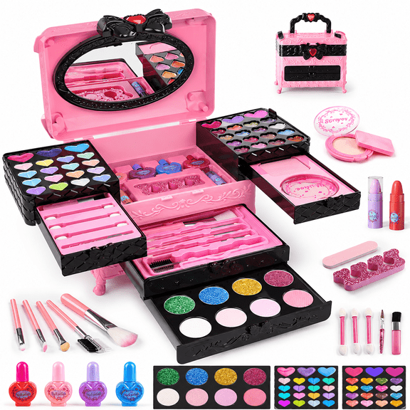 LXUNLN 66PCS Kids Makeup Kit for Girls, Washable Makeup Set, Girls Toys Ages 3-12(Pink & Black)