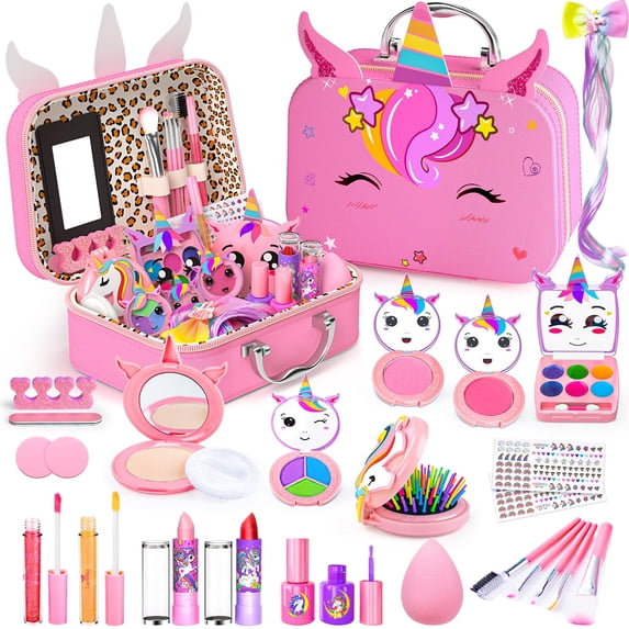 Kids Makeup Kit for Girl,2 In 1 Makeup Toys for Kids with Unicorn Cosmetic, Girl Toys Princess Children Play Makeup Kit with Cosmetic Case Christmas Birthday Gifts for Girls Age 4 5 6 7 8 Year Old.