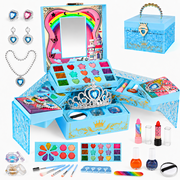 UQN Kids Makeup Kit for Girls Gifts Ages 3-12, 46PCS Washable Toy Makeup Set with Portable Blue Case, Dress-Up Accessories, Brushes, Jewelry, Birthday Gift for Girls 3-6 (Blue)