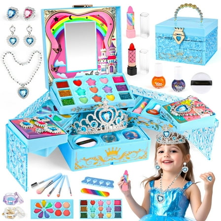 UQN Kids Makeup Kit for Girl Gifts, Frozen Toys for Girls 3-6 years, 46PCS in 1 Makeup Toys Washable Little Girls Princess Make Up Toys for 4 5 6 7 8 9 Year Old Girl Birthday Gift (Blue)