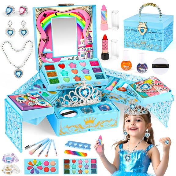 UQN Kids Makeup Kit for Girl Gifts, Frozen Toys for Girls 3-6 years, 46PCS in 1 Makeup Toys Washable Little Girls Princess Make Up Toys for 4 5 6 7 8 9 Year Old Girl Birthday Gift (Blue)
