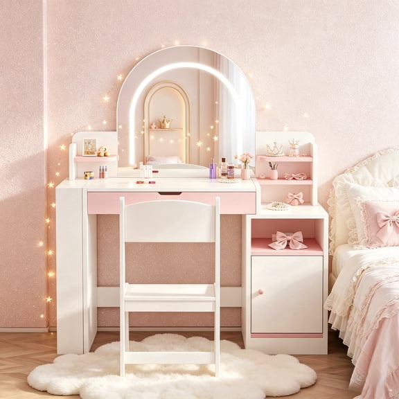 JassmiPkwy Princess Kids Vanity Set with Mirror and Lights, Toddler Vanity Table with Chair, Storage Tabletop, Bookshelf, White