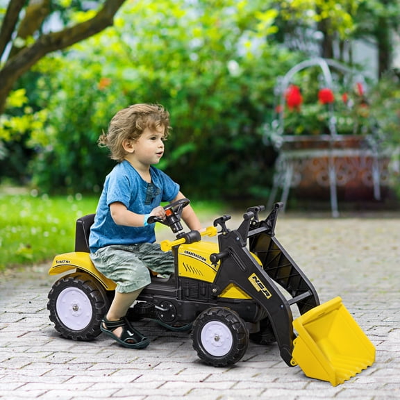 Aosom Kids Manual Pedal Ride-On Excavator with Front Loader Digger, Ride-On Tractor for 3 Year Old, Yellow