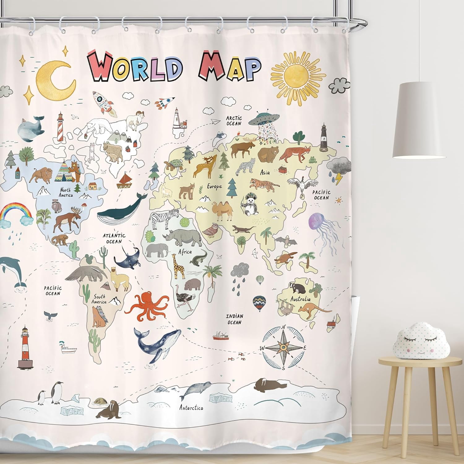 Kids Map Shower Curtain Bathroom Set 60Wx71H Inches Cute Cartoon ...