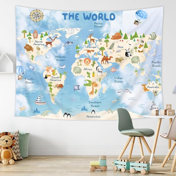Kids Map Tapestry Blue World Cartoon Animal Cute Educational Geography Learning Tools Continents Wildlife Wall Hanging for Boys Girls Home Dorm Decor Art Living Room Bedroom