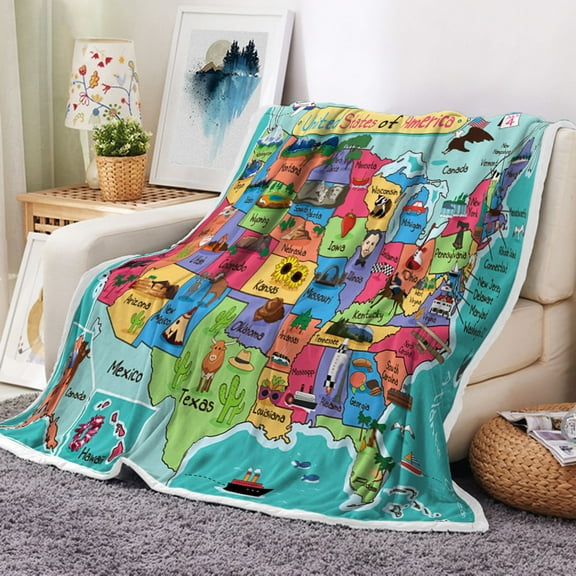 Kids Map of The United States Throw Blanket, Fun Facts Geography USA Map Camping Blankets and Throws for Bed, Animal Map Fleece Flannel Blanket for Sofa Couch Girls Boys Children Room Decor, 50X60in