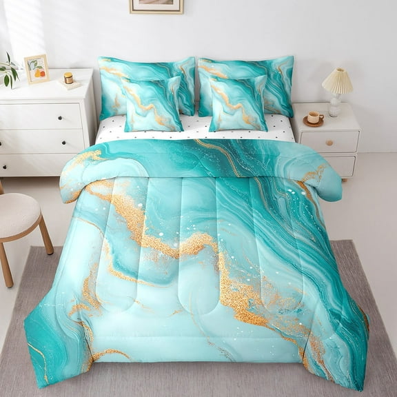 Marble Comforter 7 Pieces Twin Size Stone Pattern Fluid Bedding Set Bronzing Marbling Texture Sheet Set Modern Abstract Art Bed Set Adults,Teal