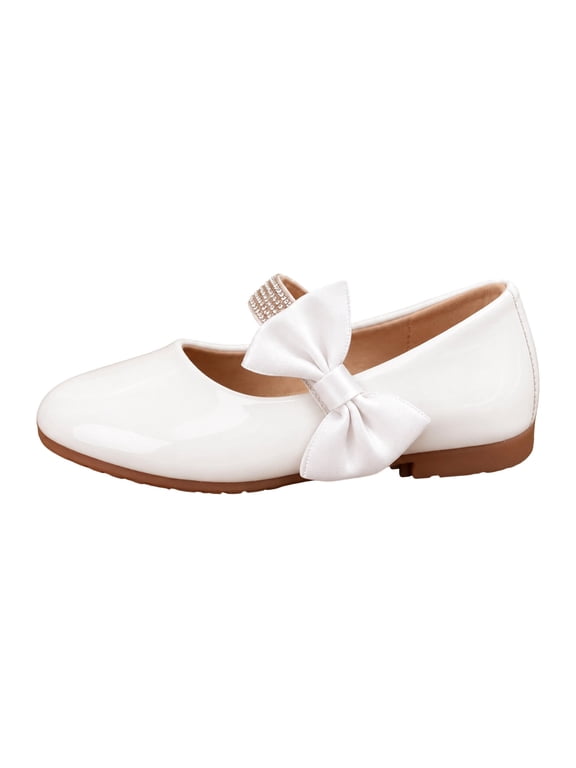 Kids Mary Jane Flats Round Toe Princess Shoes Bow Rhinestone Ballet Shoes with Cushioned Comfort for Flower Girl Uniform Events