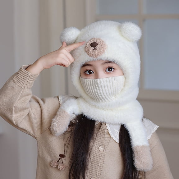 Kids Mask Hat Cute Bear Ear Balaclava Boys Girl Windproof Warm Winter Face Mask Hat Scarf Set for Ski in Cold Weather
