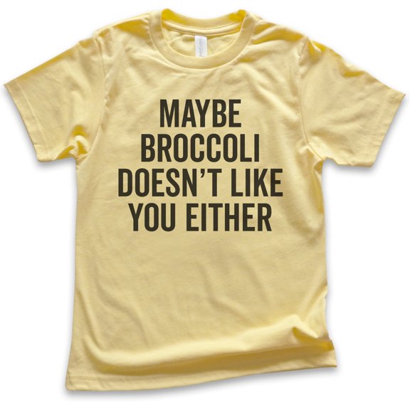 Kids Maybe Broccoli Doesn't Like You Either T-shirt, Youth Kids Boy Girl T-Shirt, Funny Silly Picky Eater Vegan, Yellow, Medium