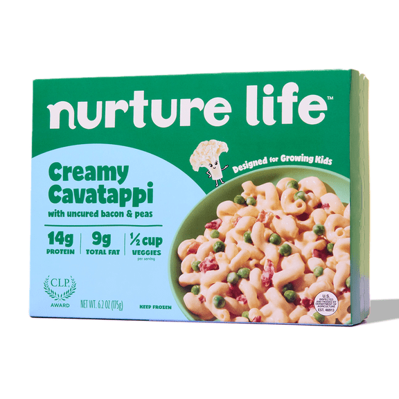 Nurture Life Creamy Cavatappi with Uncured Bacon and Peas, Kids Frozen Meal with Balanced Nutrition