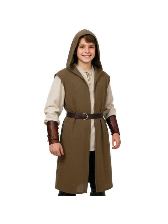 Kids Medieval Hooded Surcoat Tabard Renaissance LARP Ranger Costume Tunic for Boys Girls Halloween Costume