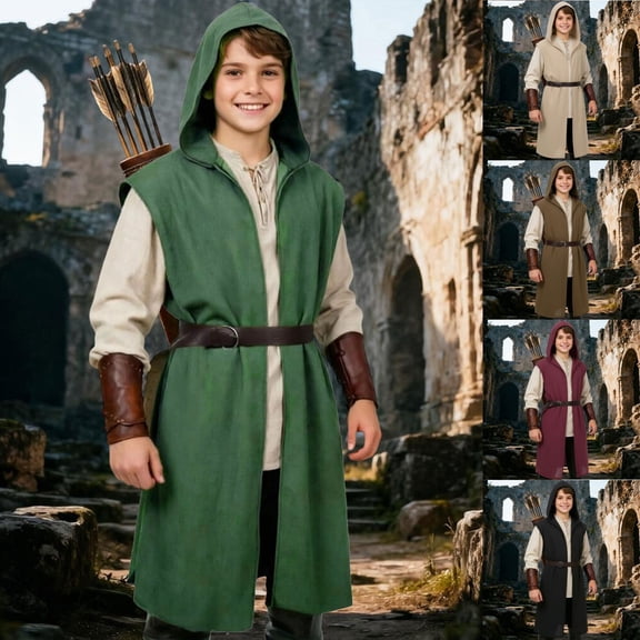 Kids Hooded Tunic, Renaissance Ranger Surcoat for Halloween LARP Dress Up