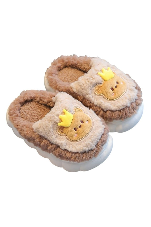 Kids Memory Foam Slippers Boys Girls Warm Fuzzy Lined Indoor Non- House Shoes with Cartoon Designs for Toddler Children Winter Comfort,Color:Khaki,Size:12-13 Years