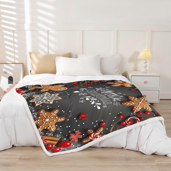 Kids Merry Christmas Plush Bed Blanket, Xmas Festival Throw Blanket Red Cartoon Flower Branches Sherpa Blanket Kawaii Fleece Fuzzy Blanket for Bedroom Living Rooms Sofa Couch, Throw Size