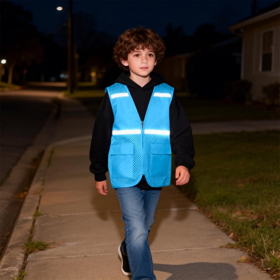 Kids' Mesh Safety Vest, Reflective Study Field Trip Vest for School Activities, Outdoor Tours and Daily Commute Safety Protection for Young Children Light Blue 16-17 Years