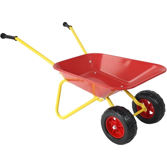 Kids Metal Wheelbarrow with Single Wheel,Children Garden Cart with Steel Tray and Non-Slip Handles, Sturdy Outdoor Yard Toy for Toddlers, Ideal for Sand, Leaves, and Soil (Red-Two-Wheel)