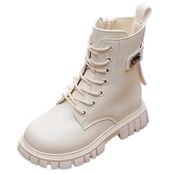Kids Mid Calf Combat Boots Lace Up Side Zipper Waterproof Boots Slip-Resistant & Durable Stylish Shoes for Toddler/Little Kid/Big Kid Beige 34