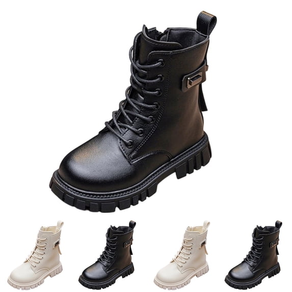 Kids Mid Calf Combat Boots Lace Up Side Zipper Waterproof Boots Slip-Resistant & Durable Stylish Shoes for Toddler/Little Kid/Big Kid Black 37