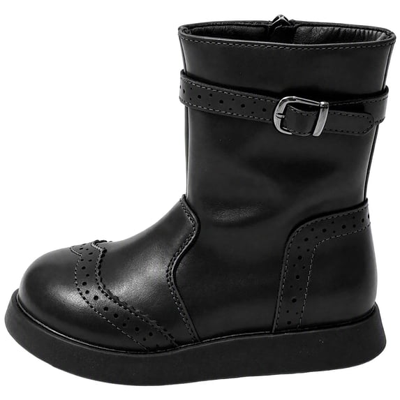 Kids Mid‑Calf Leather Boots, Brogue Perforated Detail with Adjustable ...