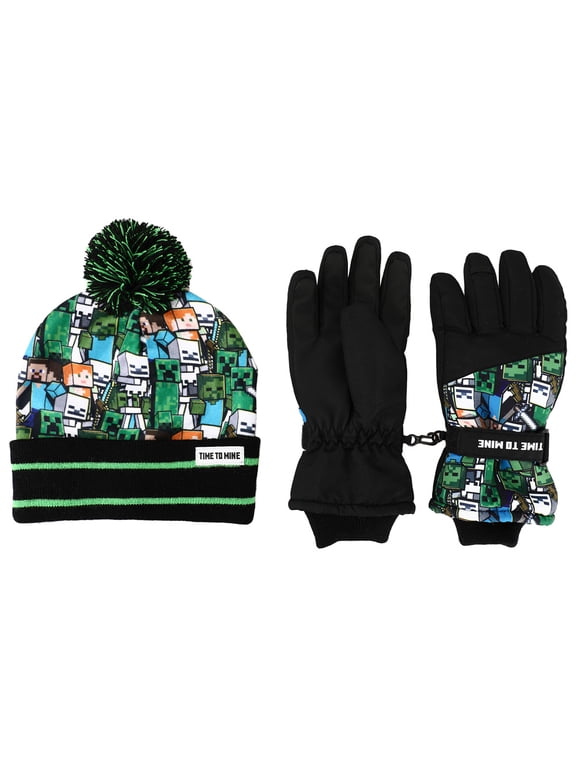 Kids Minecraft Fleece Knit Cuff Hat and Ski Gloves Set