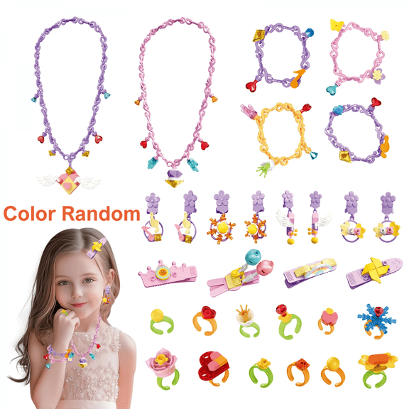 Kids Mini Building Block Set with 30Pieces DIY Hair Accessories Building Block Necklaces Bracelets Hair Clips for Girls Pretend Play Makeup Toys