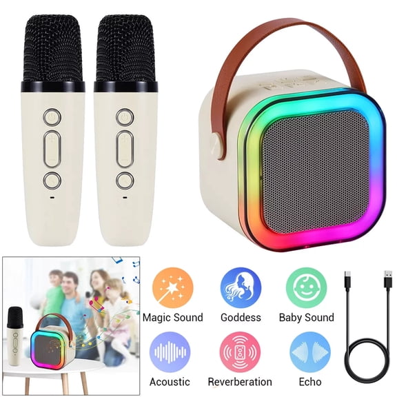 Portable Kids Karaoke Machine with Dual Wireless Microphones, Bluetooth Speaker, Magic Sound Effects, Rechargeable