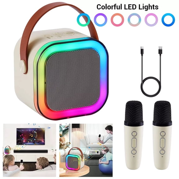 Mini Karaoke Machine for Kids, Portable Bluetooth Speaker & 2 Wireless Mics, Magic Voice Changer, 3D Stereo, TF/USB, 6H Play