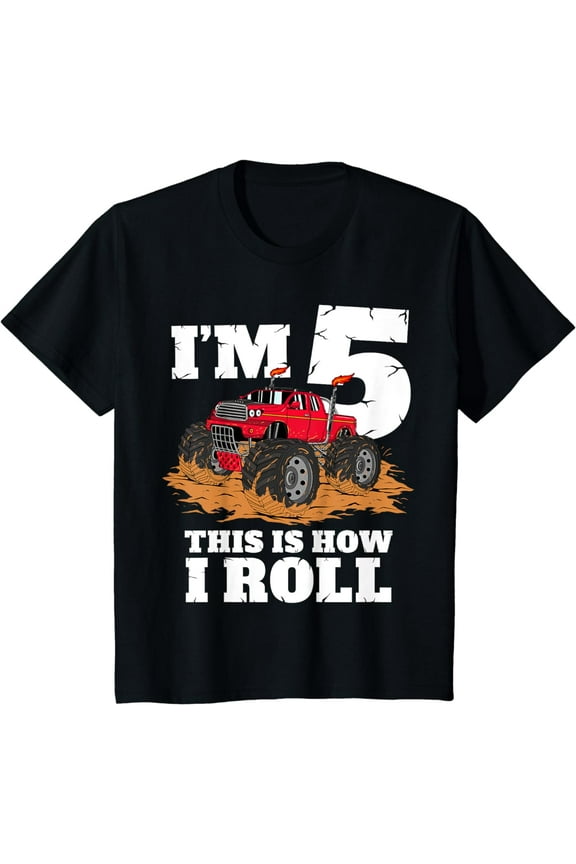 Kids Monster Truck 5th Birthday Boy 5 Five Year Old Toddler T-Shirt