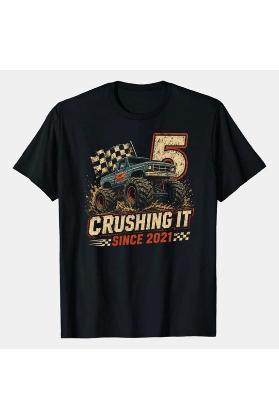Kids Monster Truck 5th Birthday T-Shirt Vintage Distressed Graphic Tee for 5 Year Old Boys Born in 2021 Birthday Party Shirt