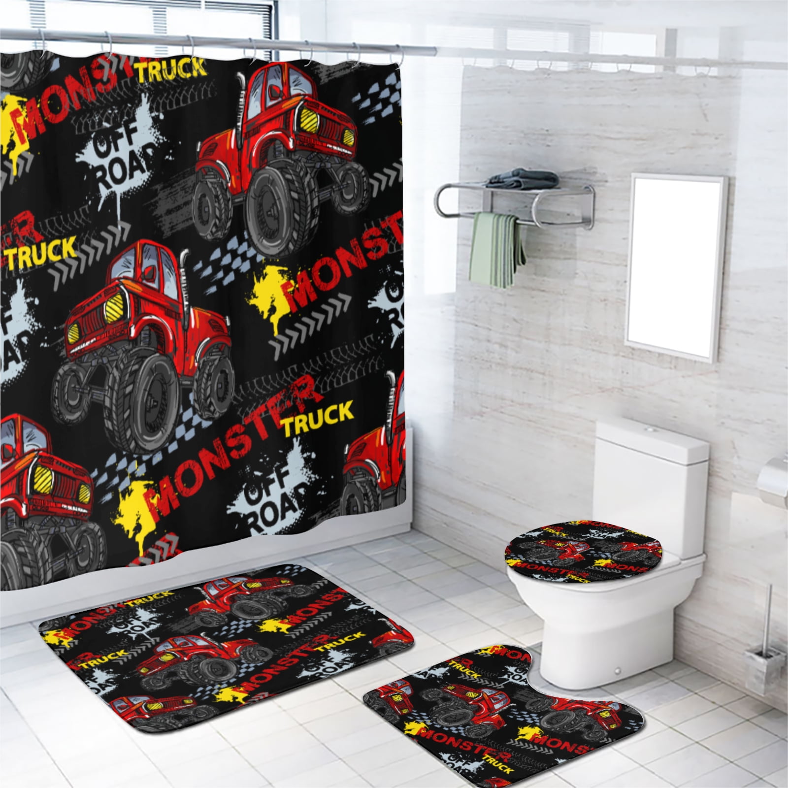 Kids Monster Truck Shower Curtain Sets with Rugs 4 Piece Car Dots and Spray Paint Texture Ink Print Bath Curtain for Bathroom Waterproof Fabric Bathroom Decor Set, 72x72 Inch