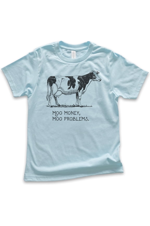 Kids Moo Money Moo Problems Cow Shirt, Youth Kids Boy Girl T-Shirt, Farm Animal Shirt, Cute Cow Shirt, Light Blue, Small